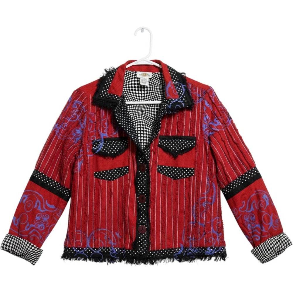 Sandy Starkman Jacket Womens M Red Silk Mixed Pattern Art To Wear Frayed Trim
